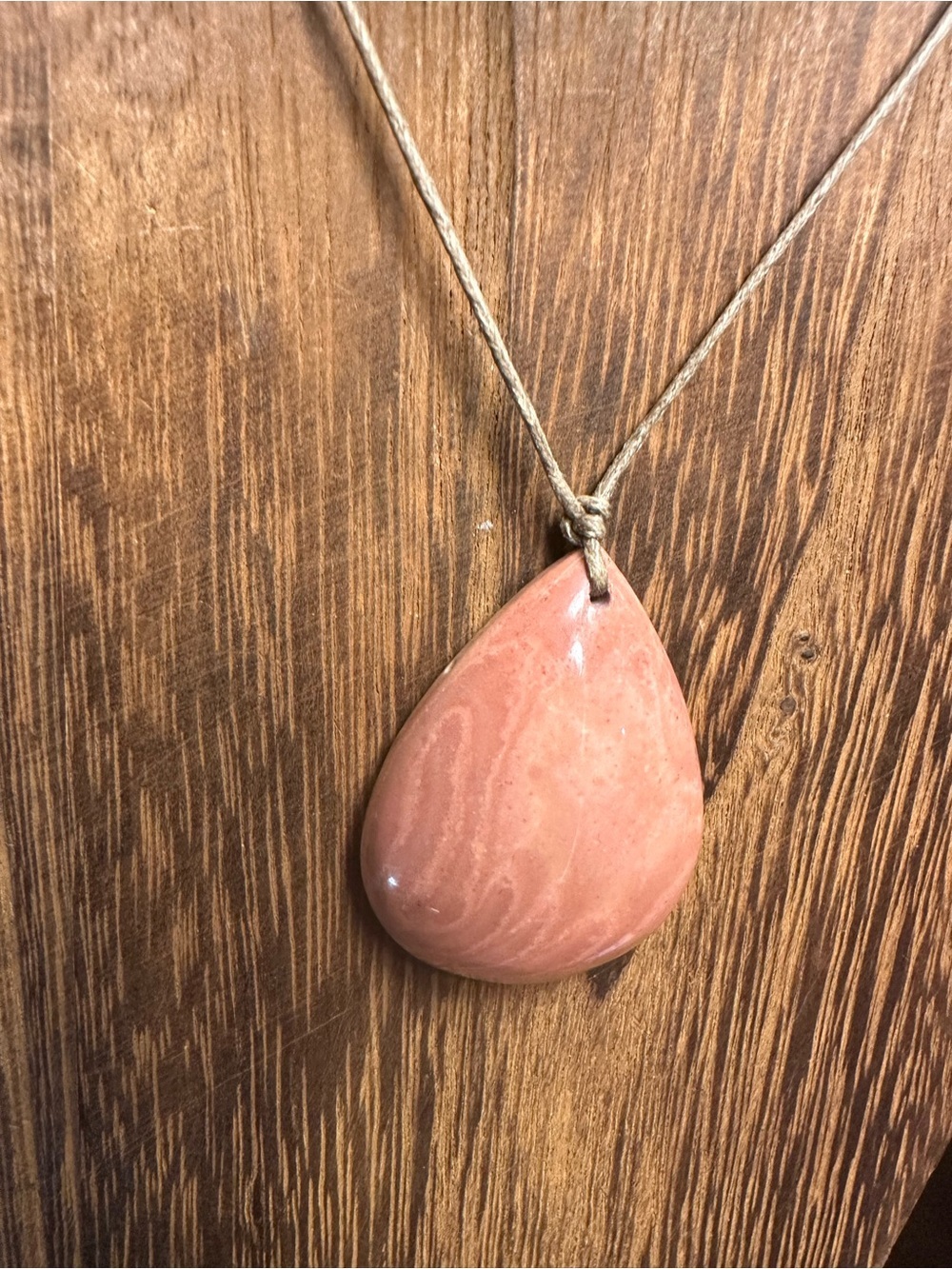 Minimalist Polychrome Jasper Teardrop Pendant Necklace on Thin Brown Rope - Picture 14 of 16
